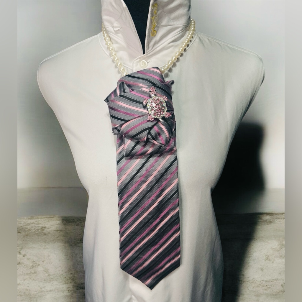 Croft & Barrow Pink And Gray Striped Necktie With Turtle Brooch